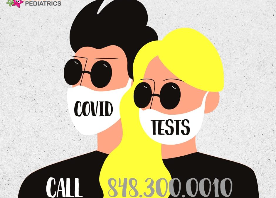 Illustration of two people wearing masks with "COVID TESTS" text, promoting a contact number for COVID testing at a pediatrics center.