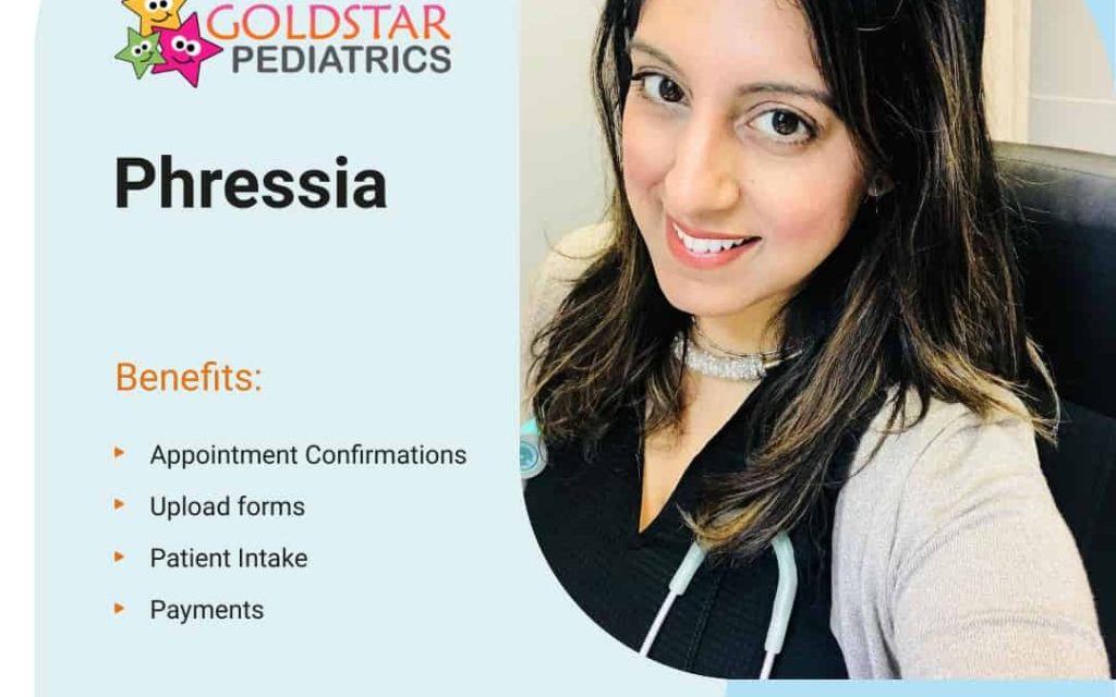 Woman smiling at the camera in an office setting, with a graphic for Goldstar Pediatrics listing benefits like appointment confirmations and payments.