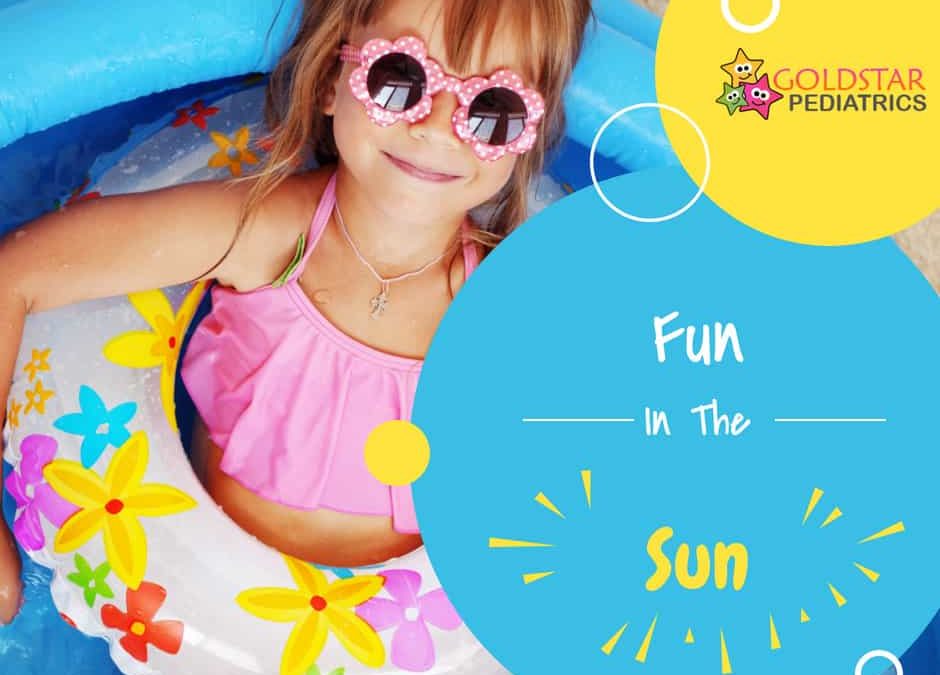 Young girl wearing sunglasses and a swimsuit, smiling in a blue inflatable pool, with "Fun in the Sun" text and decorative graphics.